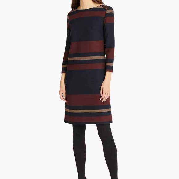 Phase Eight Sophie Black, Burgundy & Sand Striped Knitted Dress Size 10 - Picture 3 of 5